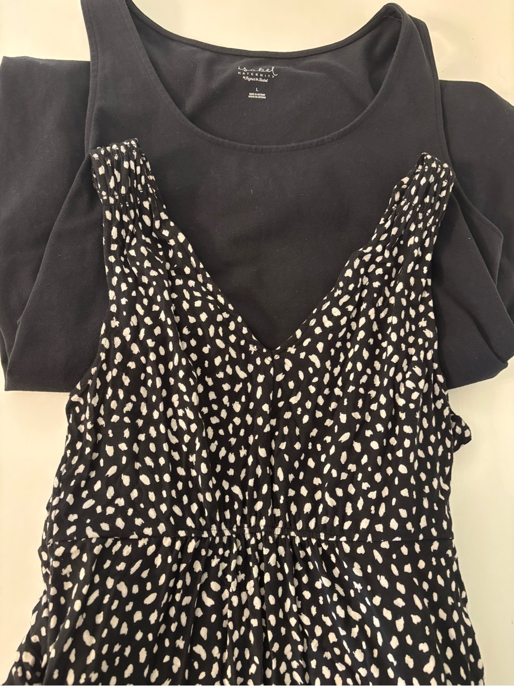 Set of 2 Maternity Dresses - Solid Black & Black with white dots - Lg & M
